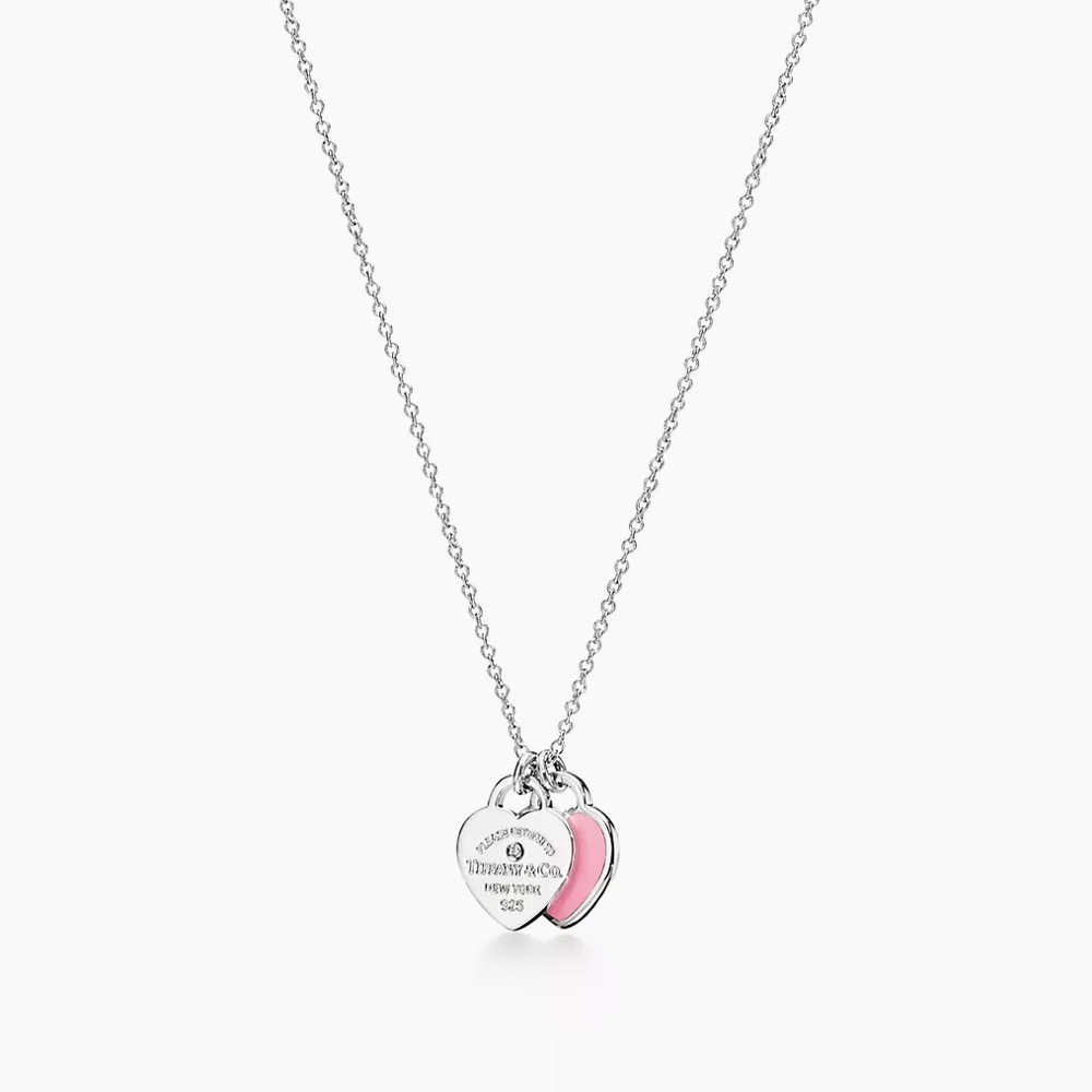 “Return to Tiffany” pink double heart tag pendant necklace with diamond